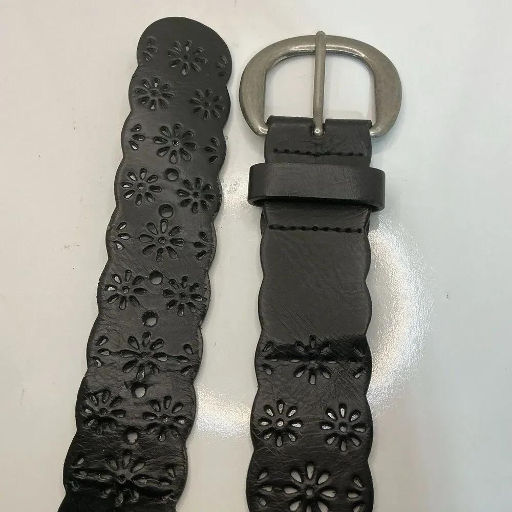 Black Genuine Leather Floral Cutout Belt Women’s 30-35” Silver Buckle